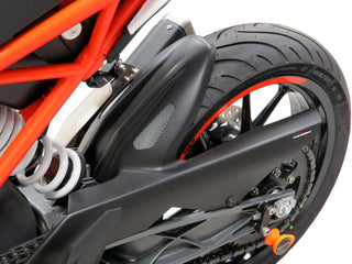 KTM 125 & 390 Duke 17-2023  Gloss White & Silver Mesh Rear Hugger by Powerbronze