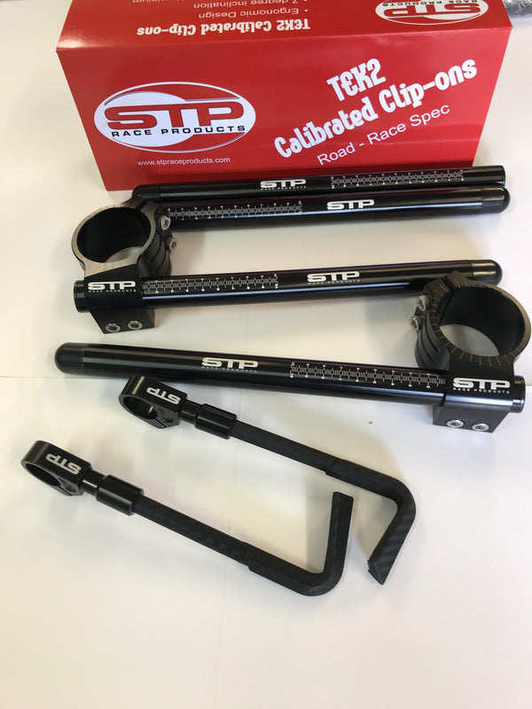 Tek2 Calibrated 50mm road race black anodised Clip-Ons , Spare Tubes & Lever Guards