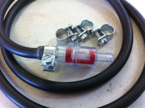 8mm UNIVERSAL INLINE FUEL FILTER + 1/2Mtr Fuel Hose + 4 Clips FOR CAR MOTORCYCLE