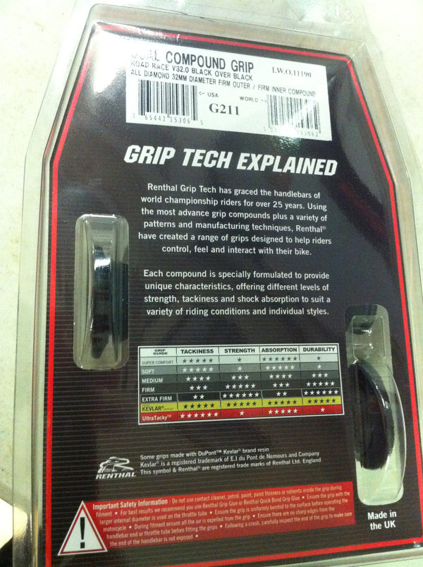 Renthal Grip Tech Road Race Dual Compound Firm Grips 32mm diameter G211